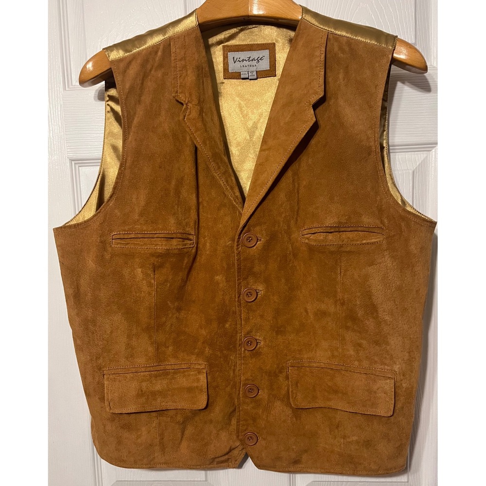 Vintage Leather Mens 2XL Tan Suede Vest Gold Satin Back Western Waistcoat Pocket